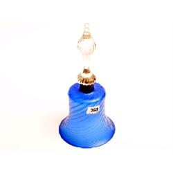 Tall blue glass bell with clanger, 12" high