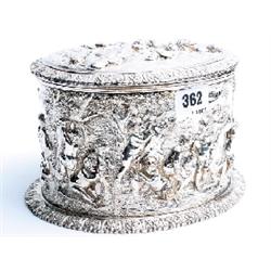 Silver on copper lidded pot with relief decoration of cherubs 5x8" unmarked