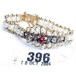 9ct gold pearl and diamond bangle bracelet with central cabochon 