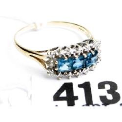 9ct gold blue topaz and diamond cluster ring