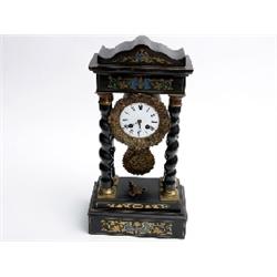 Mid 19c ebonised Portico clock with enamel dial, 8 day movement, striking on bell, the crest and pli