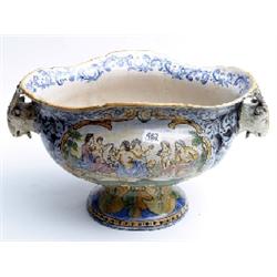 Large 19c polychrome Delft jardiniere with goat head handles (some restoration)