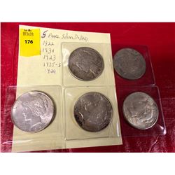 5 Silver Peace Dollars