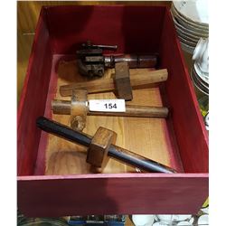 WOOD BOX W/4 ANTIQUE HAND TOOLS