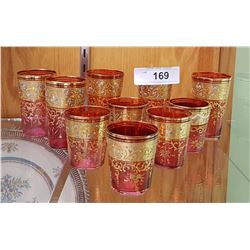 SET OF 10 VINTAGE BOHEMIAN CRANBERRY GLASS SHOTGLASSES W/ELABORATE GOLD FILIGREE