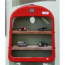 ANTIQUE CARVED GRILL DISPLAY SHELF W/4 DIE CAST CARS
