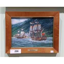 FRAMED TILE TITLED THE RESOLUTION ANTIQUE WAR SHIP BY THOMAS FREEMAN