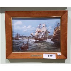 FRAMED TILE TITLED THE EMPRESS OF CHINA ANTIQUE WAR SHIP BY THOMAS FREEMAN