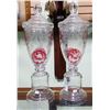 Image 2 : PAIR OF ANTIQUE ETCHED RUBY FLASH LIDDED GLASS URNS