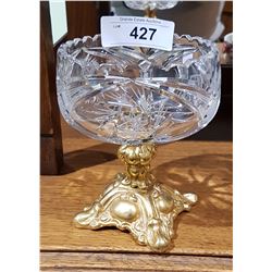 ORNATE CRYSTAL CANDY DISH ON BRASS PEDESTAL