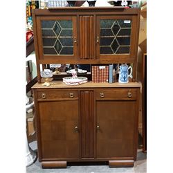 EARLY 1900'S OAK STEP BACK CABINET W/LEAD GLASS WINDOWS