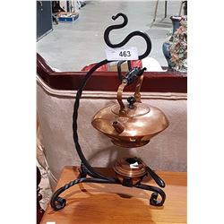 ANTIQUE COPPER TEAPOT ON WROUGHT IRON WARMING STAND