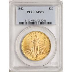 1922 $20 St. Gaudens Double Eagle Gold Coin PCGS MS65