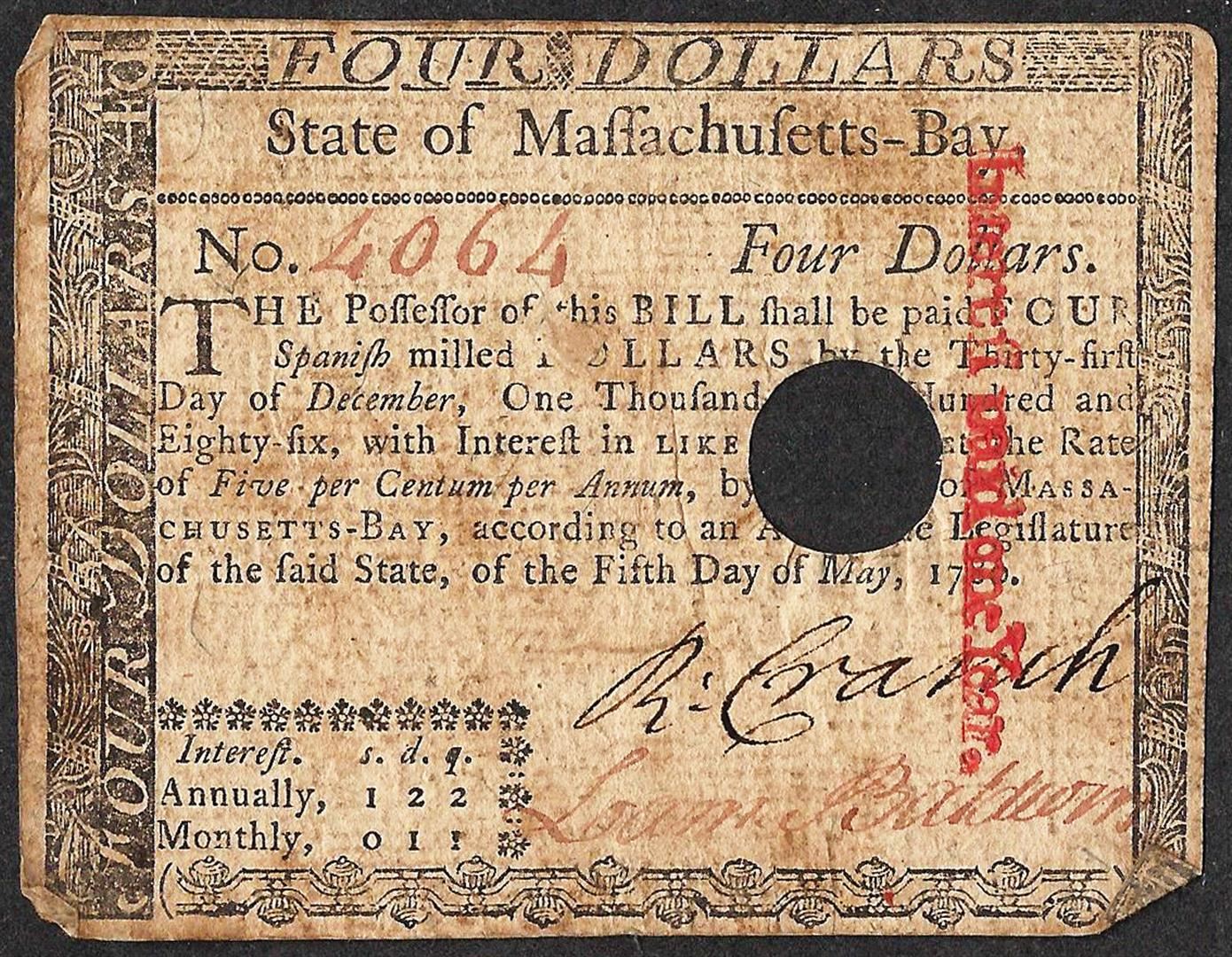 Colonial Script May 5, 1780 $4 Massachusetts Colonial Currency Note