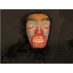 P. CARADLL HAND CARVED AND PAINTED FIRST NATIONS MASK WITH HORSE HAIR ACCENTS, 8.5'' T X 6'' W,