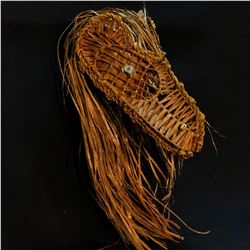 WAYNE BELL, LARGE ELABORATE SHAVED CEDAR BARK WEARABLE EAGLE HEAD DRESS, WITH ABALONE AND POLISHED