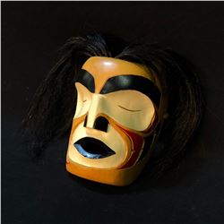 HAND CARVED AND PAINTED SLEEPING MAN FIRST NATIONS MASK, WITH HORSE HAIR ACCENTS, ARTIST UNKNOWN,