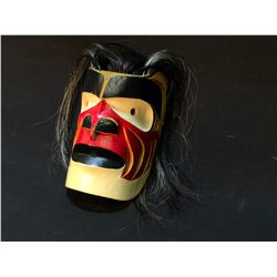 HAND CARVED AND PAINTED "BOOKGWAS" FIRST NATION MASK, BY VOYNE, WITH HORSE HAIR ACCENTS, APPROX.