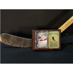 TREVOR LINDEN GAME USED STICK, AND AUTOGRAPHED SIGNATURE SERIES CARD ON PLAQUE