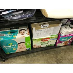 SHELF LOT OF BABY SUPPLIES, DIAPERS ETC.