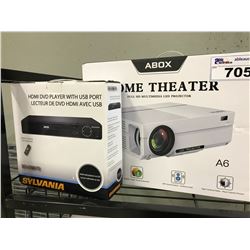 ABOX HOME THEATER 8D MULTI MEDIA PROJECTOR AND A SYLVANIA DVD PLAYER