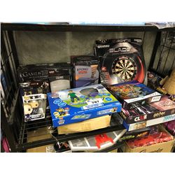 SHELF LOT OF ASSORTED BOARD GAMES, TOYS AND MORE