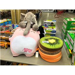 LOT OF LARGE STUFFED ANIMALS AND CUSHIONS