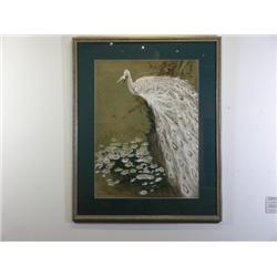 Early 20th Century Japanese Painting of a White Peacock