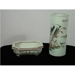 Chinese Glazed Porcelain Brush Pot and Container