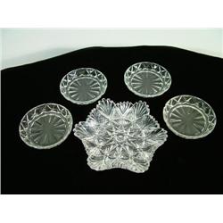 Four Cut Crystal Saucers and One Cut Crystal Candy Dish