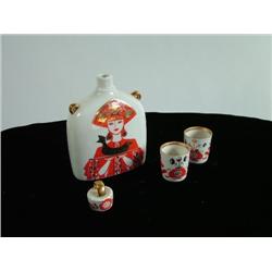 Danish Porcelain Liquor Bottle and Glasses