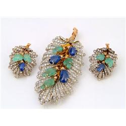 Buccellati white gold eighteen-karat gold, diamond, emerald and sapphire clip-brooch and pair of ear
