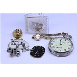 Selection of jewellery collectibles including pocket watch in British hallmarked sterling watch case