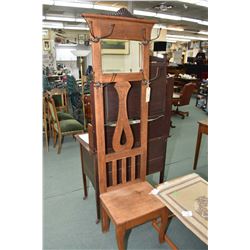 Small antique hall stand with bevelled mirror and original hooks