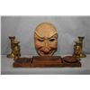 Image 1 : Tray lot of collectibles including carved Venetian carved wooden mask, oak desk set and candlesticks