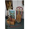 Image 1 : Selection of primitive collectibles including wooden apple box, a scythe, vintage window converted t