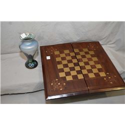 Vintage brass inlaid chess/ checker with game pieces storage and backgammon interior and a signed 7 