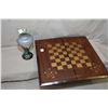 Image 1 : Vintage brass inlaid chess/ checker with game pieces storage and backgammon interior and a signed 7 