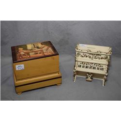 Vintage farm motif wooden music box and a piano motif musical bank