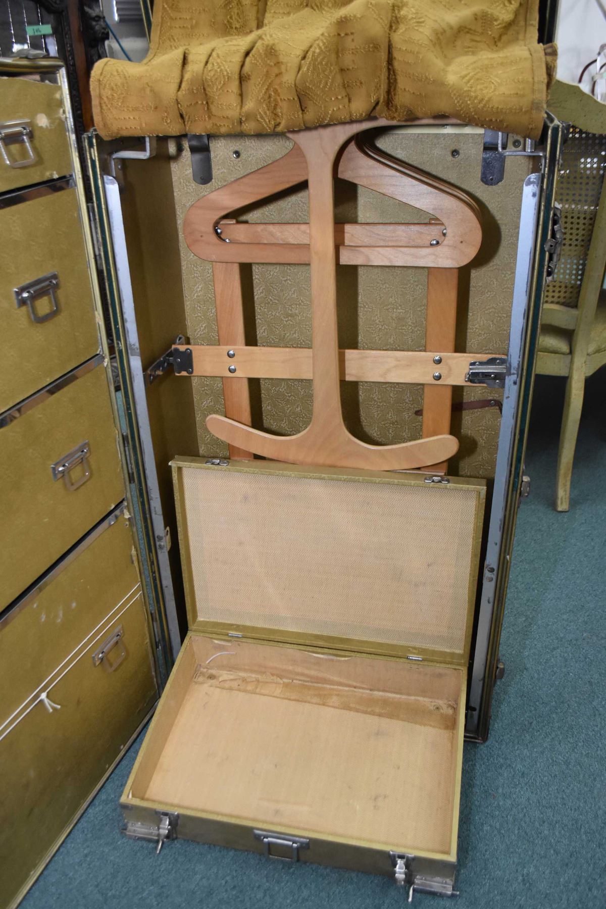 Antique Wardrobe Steamer Trunk Fitted With Drawers And Hangers And