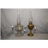 Image 1 : Two vintage oil lamps including brass with clear hurricane and colourless with greek key embossed fo