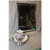 Image 1 : Framed "Looking Glass" mirror and a Crescent English made bowl and jug with hand painted floral moti