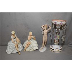 Selection of vintage china collectibles including three German porcelain figurines and a 10 1/2  gir