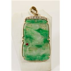 36) 18K YELLOW GOLD DIAMOND, RUBY & JADE PENDANT