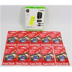 BAG OF ASSORTED SD CARDS AND IPHONE CHARGER KIT+