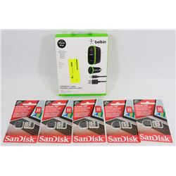 BAG OF ASSORTED SD CARDS AND IPHONE CHARGER KIT+