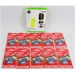 BAG OF ASSORTED SD CARDS AND IPHONE CHARGER KIT+