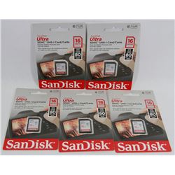 LOT OF 5 SANDISK 16GB SD CARDS