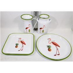 NEW 4PC FLAMINGO ENAMEL PITCHER AND