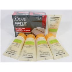 BAG OF ACNE FOAMING SCRUB AND DOVE MENS BAR SOAP